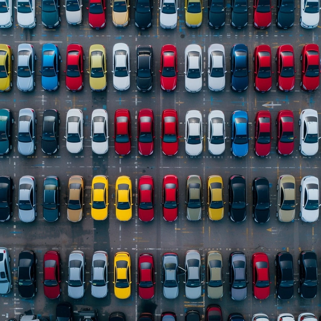 Parking 2 Cars are parked in orderly rows on either side of a wide central aisle. The cars are mostly modern sedans and SUVs in various colors, including silver, gray, blue.