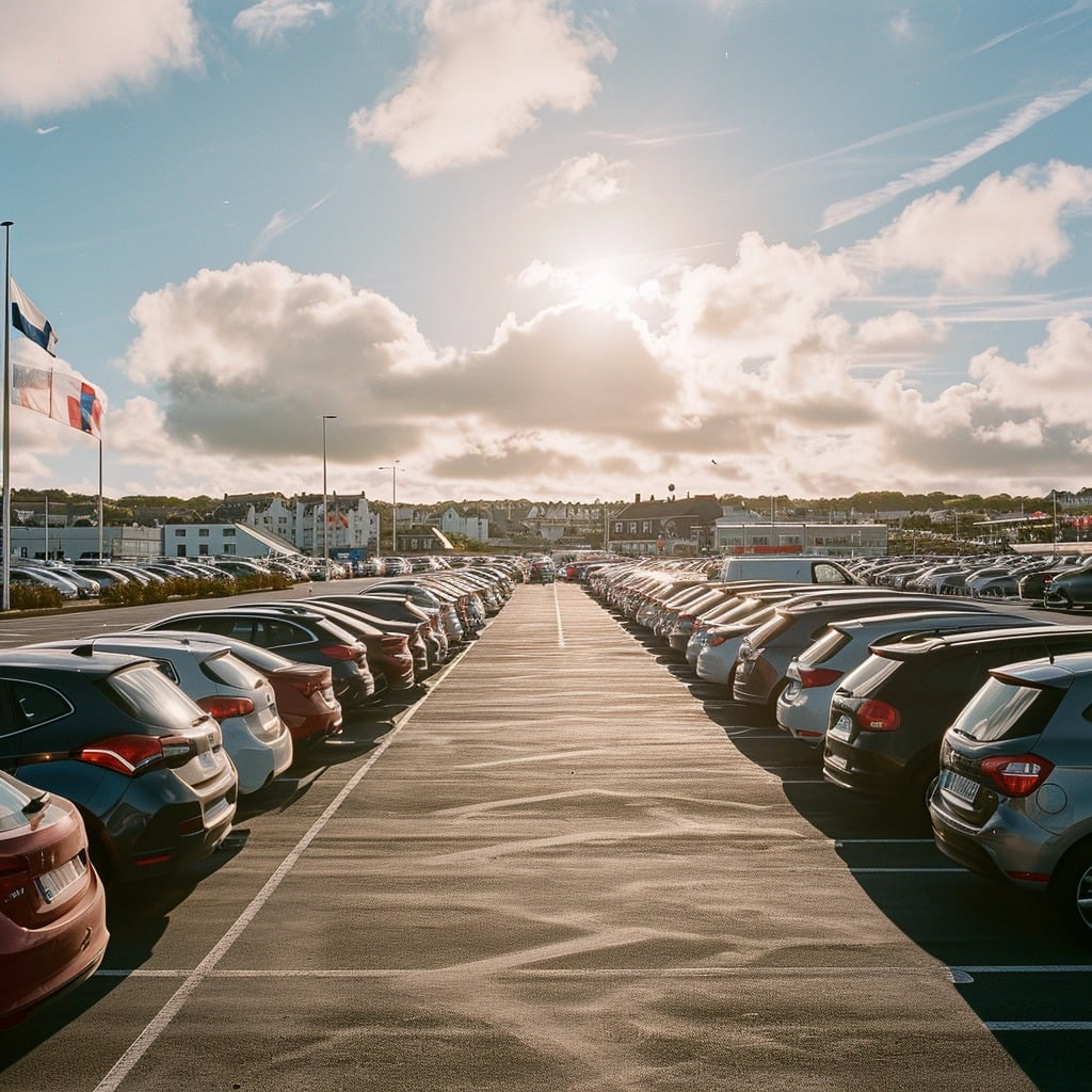 Parking 1 large parking lot under a partly cloudy sky with the sun shining brightly in the background. parking soip